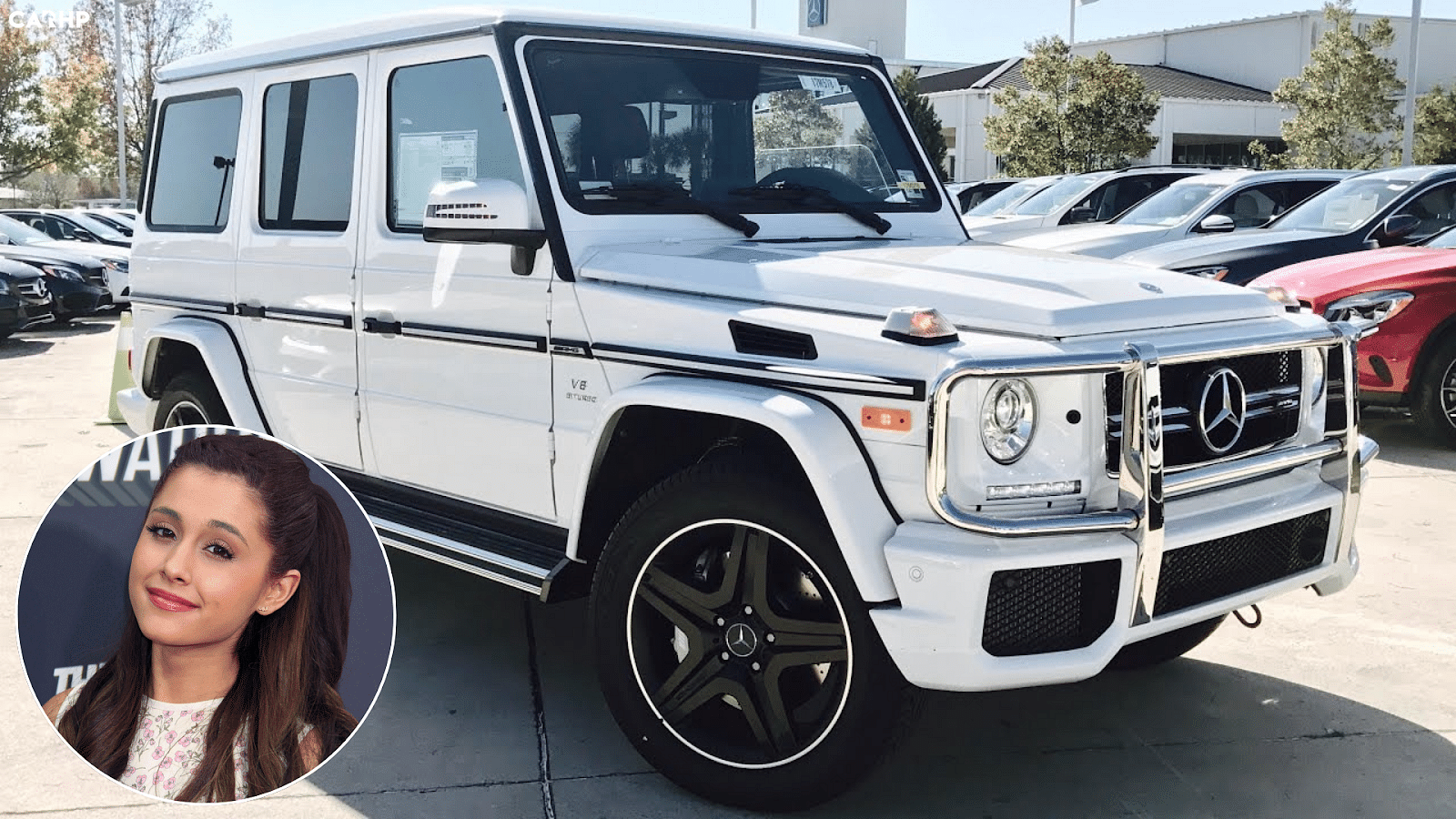 Ariana Grande's G Wagon - Mercedes AMG G63 - White - Front and Side view