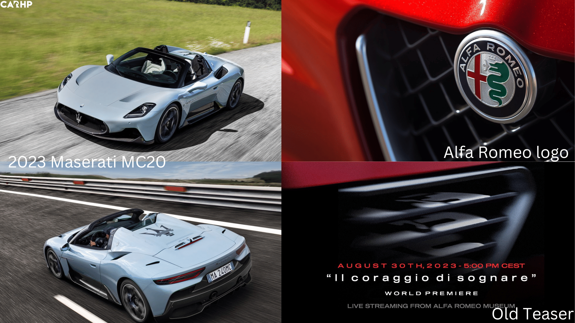 2023 Maserati MC20, Alfa Romeo logo, and supercar teaser